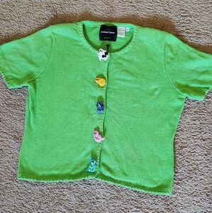 Vintage Michael Simon Green Farm Animals Short Cardigan Top Yarn Buttons 1998 M